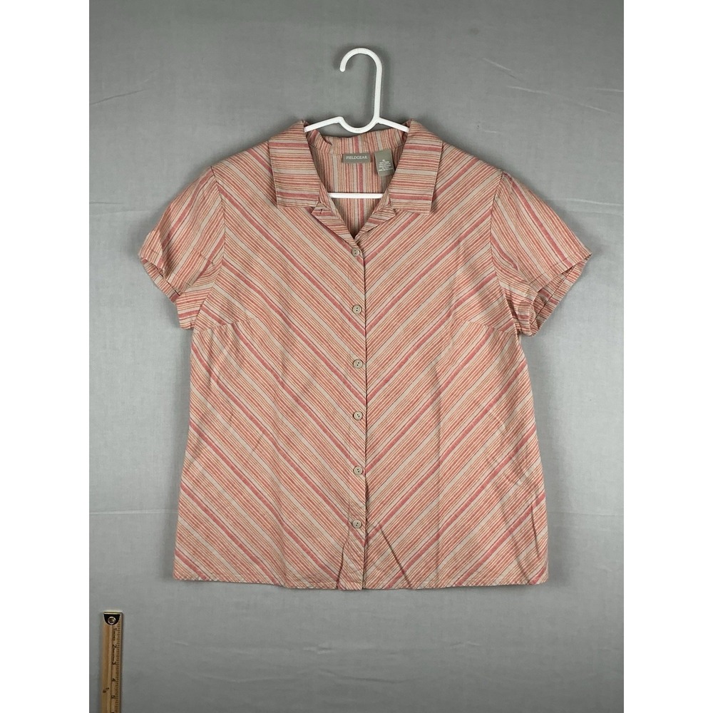 Field Gear Womens XL Striped Button Shirt Linen Cotton Short Sleeve Pink Orange‎